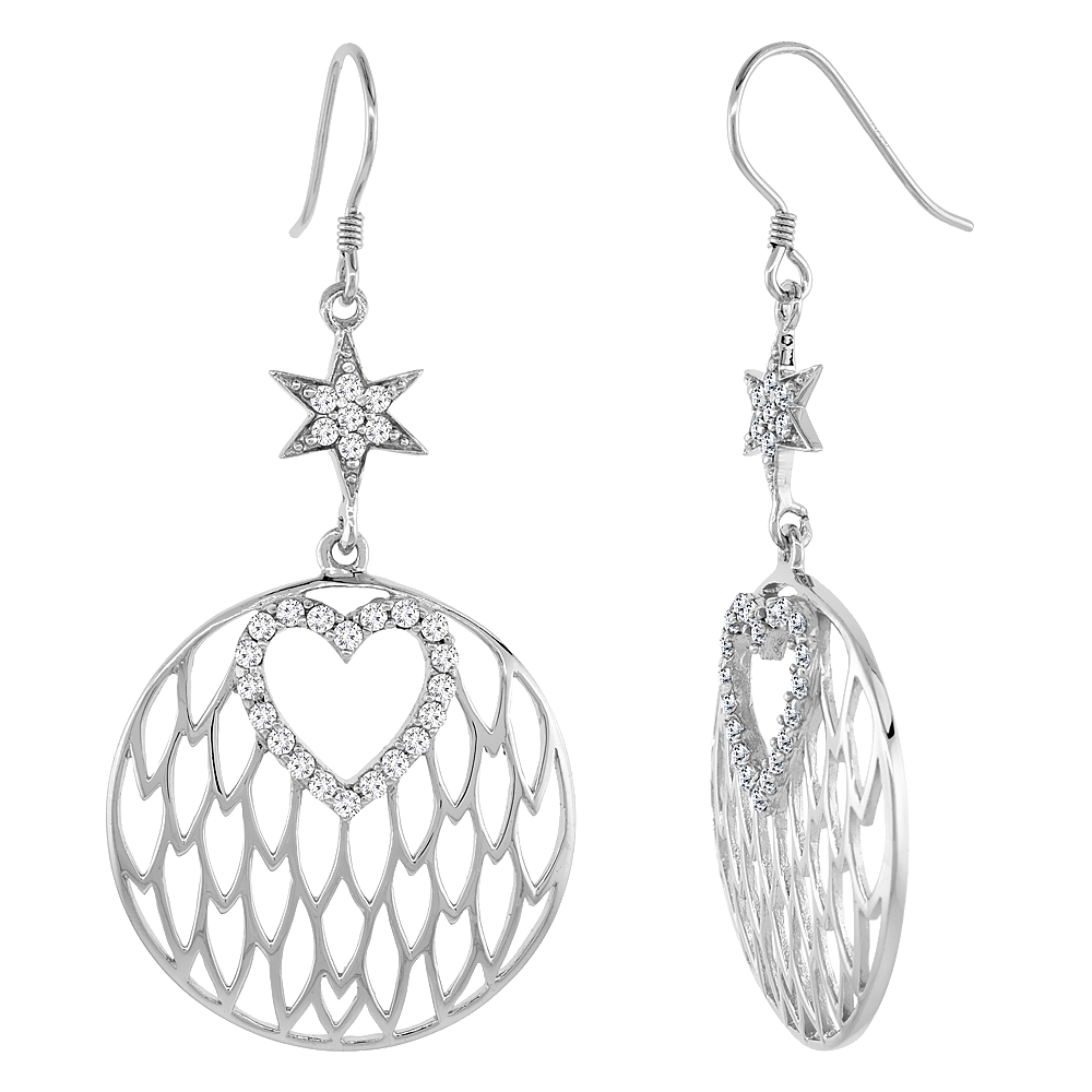 Sterling Silver Cubic Zirconia Heart & Star Fishhook Earrings Round, 1 5/8 inch long
