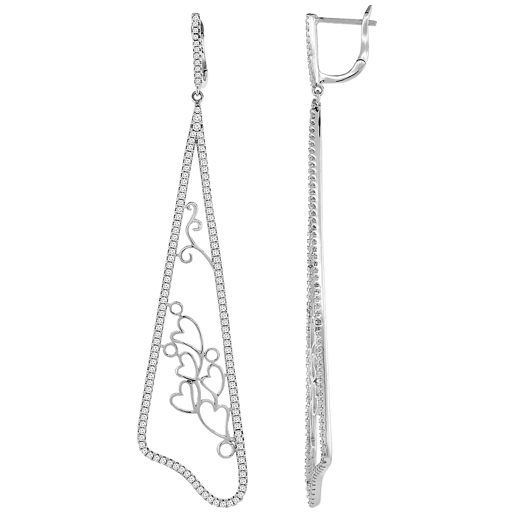 Sterling Silver Cubic Zirconia Hearts Long Earrings, 3 inches long