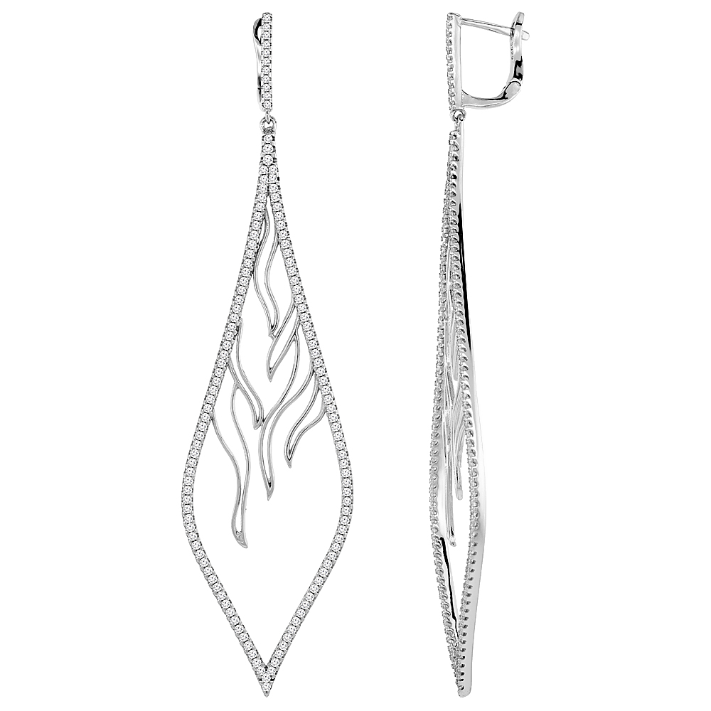 STERLING SILVER CUBIC ZIRCONIA LEAF LONG EARRINGS 3 1/16 INCHES LONG