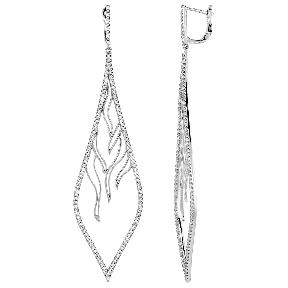 Sterling Silver Cubic Zirconia Leaf Long Earrings, 3 1/16 inches long