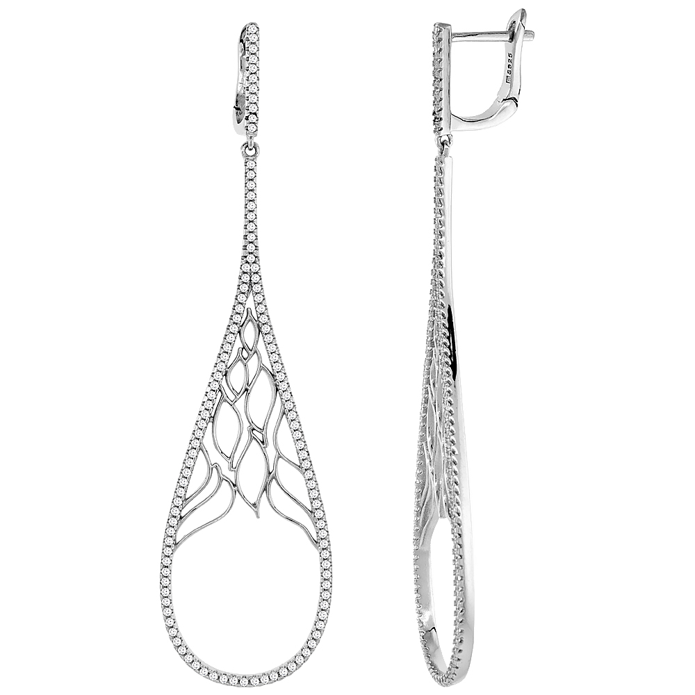 STERLING SILVER CUBIC ZIRCONIA TEARDROP LONG EARRINGS 2 1/2 INCHES LONG