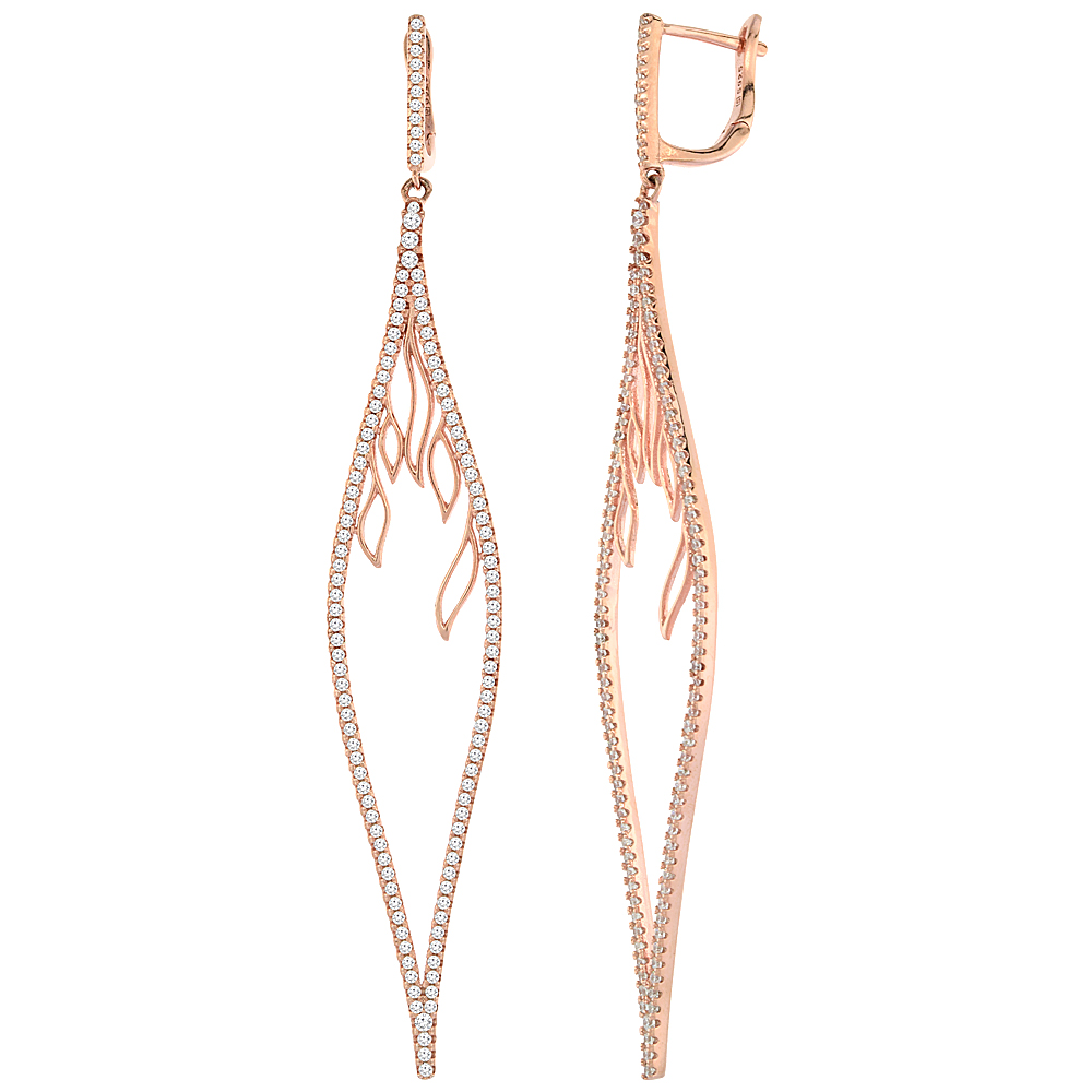 Sterling Silver Cubic Zirconia Marquise Long Earrings Rose Gold Finish, 3 inches long