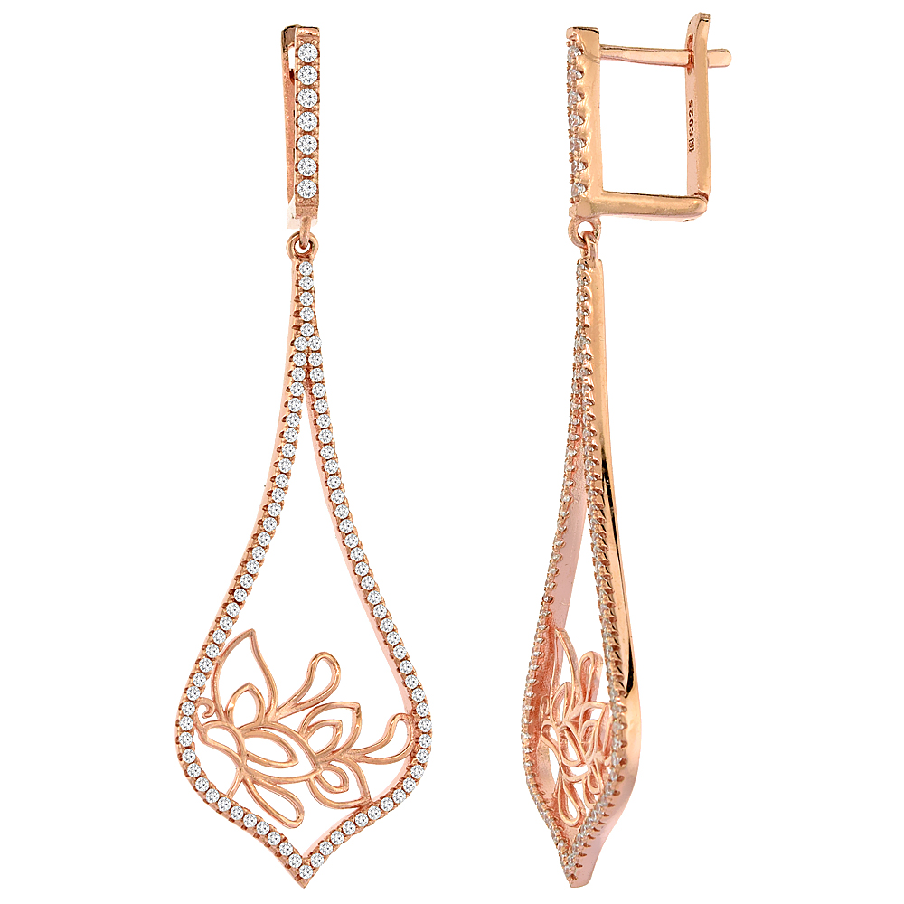 Sterling Silver Cubic Zirconia Teardrop Long Earrings Rose Gold Finish, 1 3/4 inches long