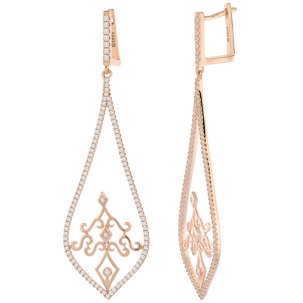 Sterling Silver Cubic Zirconia Teardrop Long Earrings Rose Gold Finish, 2 3/16 inches long