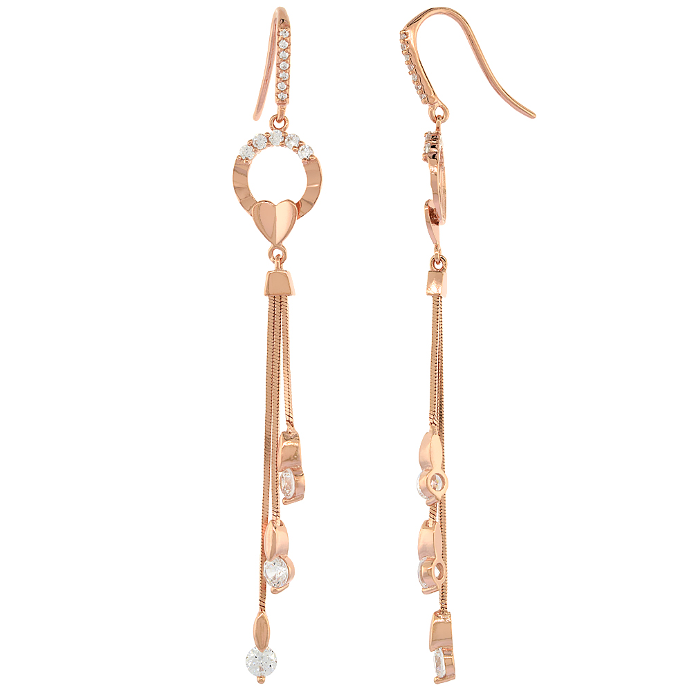 Sterling Silver Cubic Zirconia Heart Dangle Earrings Rose Gold Finish, 2 1/2 inches long
