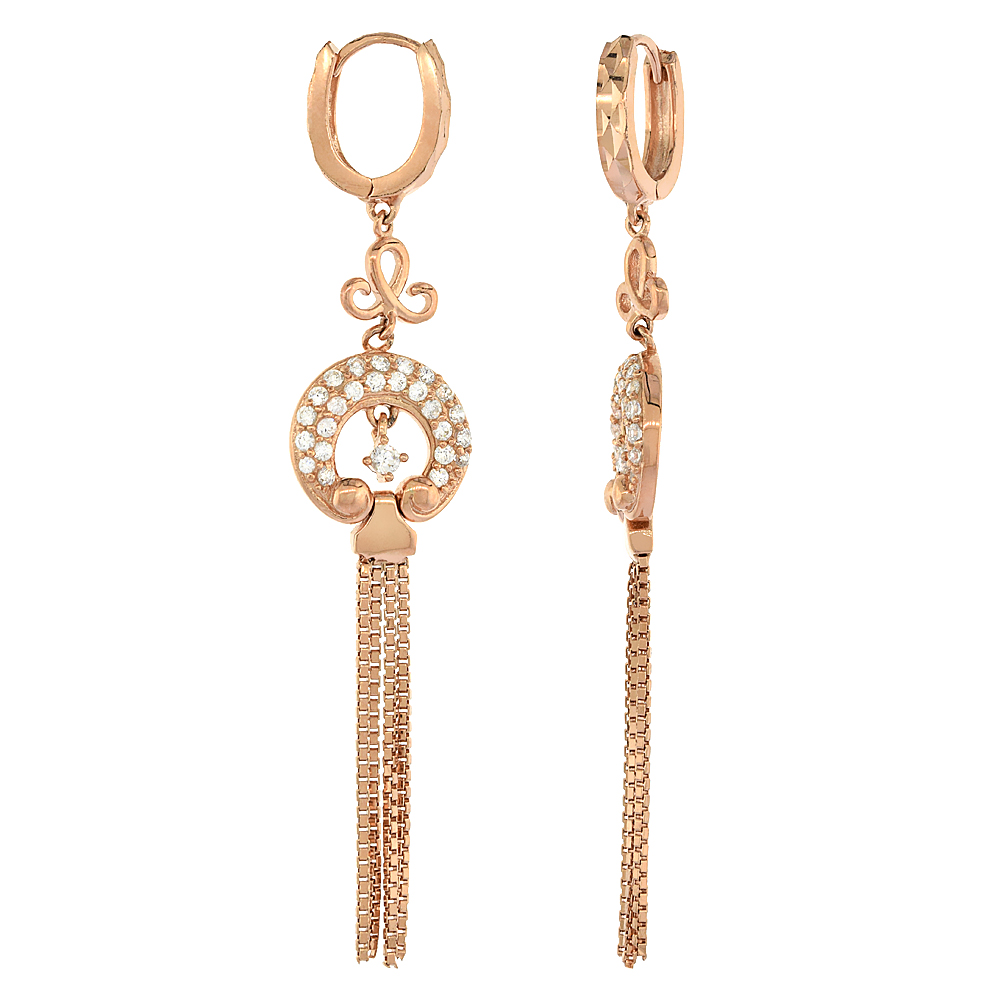 Sterling Silver Cubic Zirconia Tasseled Arch Earrings Rose Gold Finish, 2 inches long