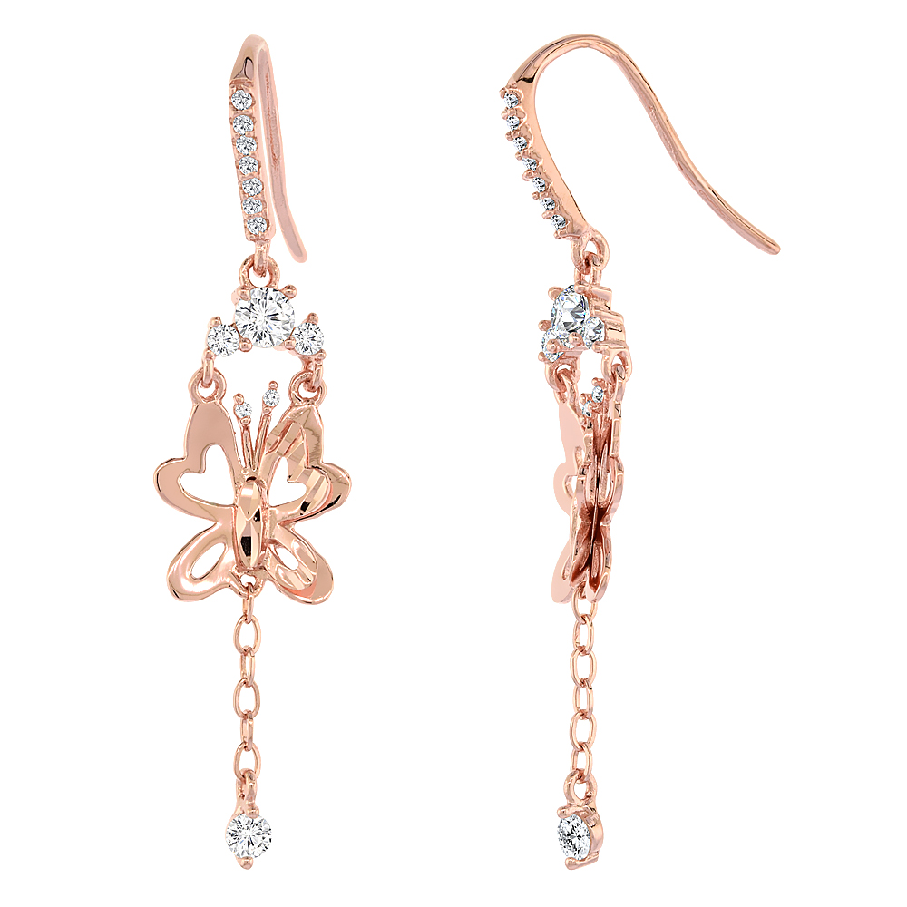 Sterling Silver Cubic Zirconia Butterfly Earrings Rose Gold Finish, 1 5/16 inches long