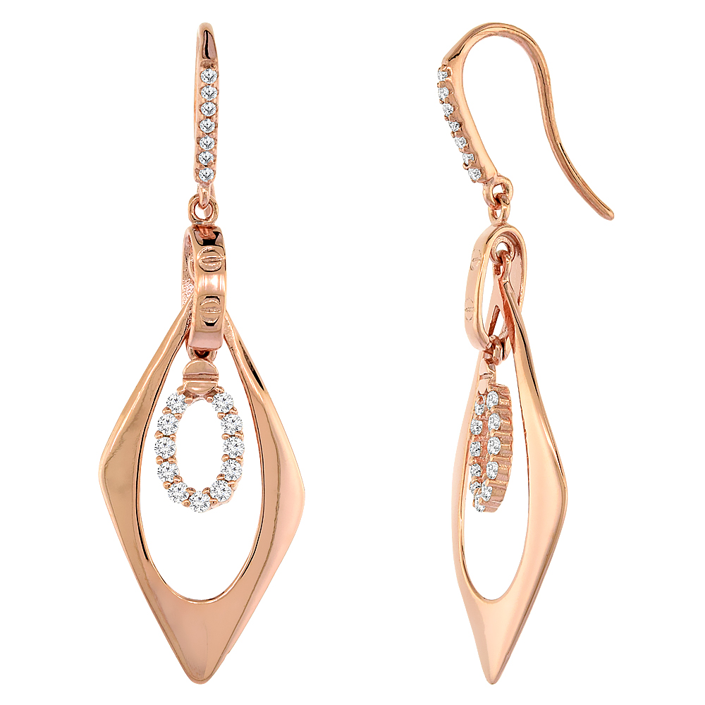 Sterling Silver Cubic Zirconia Oval Earrings Rose Gold Finish, 1 1/4 inches long