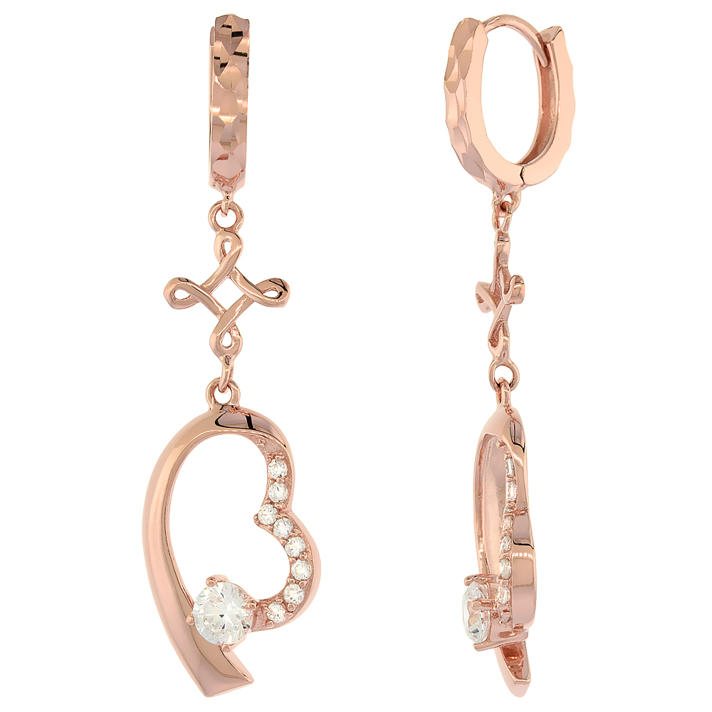 Sterling Silver Cubic Zirconia Floating Heart Dangle Earrings Rose Gold Finish, 1 3/8 inches long
