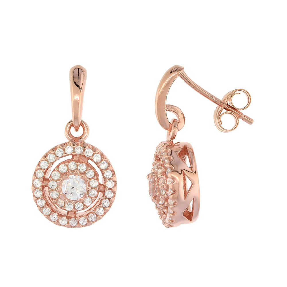 Sterling Silver Cubic Zirconia Circles Drop Earrings Rose Gold Finish, 3/8 inch wide