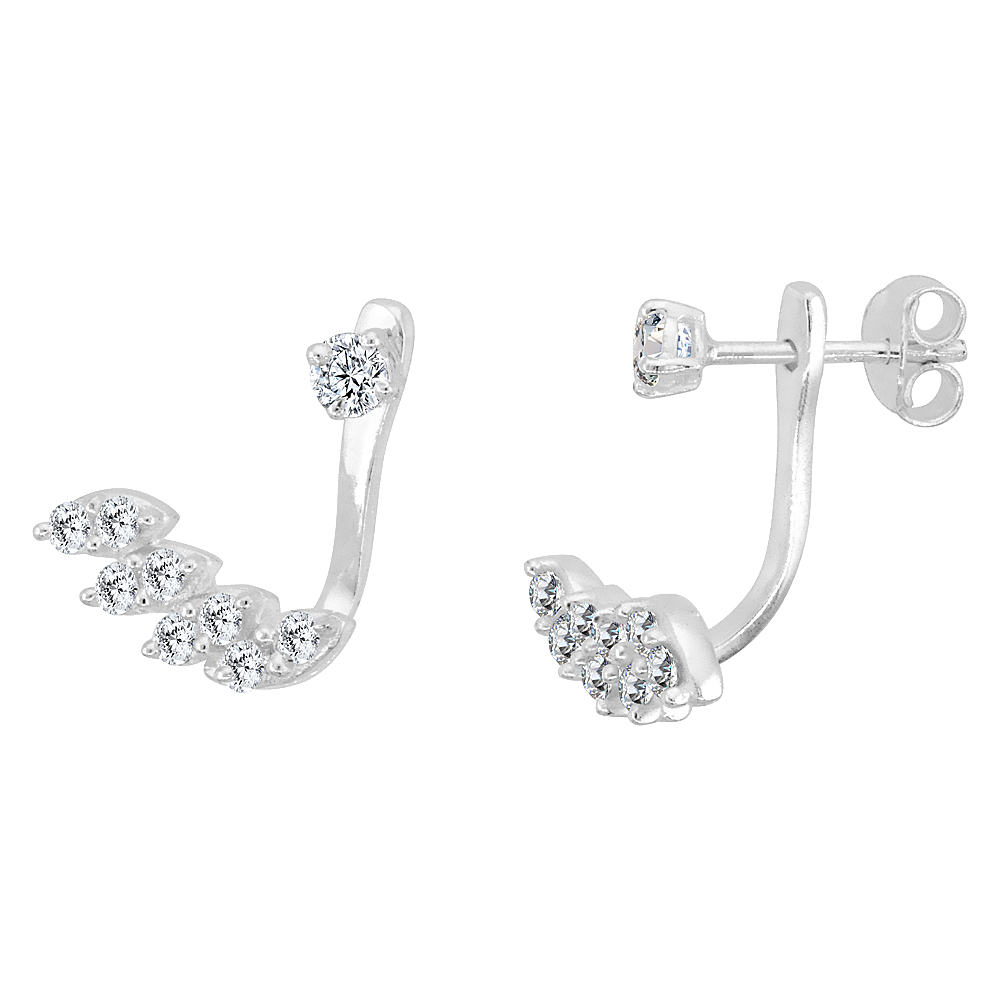 STERLING SILVER CUBIC ZIRCONIA DETACHABLE 2 PC. STUD EARRINGS & EAR JACKET SET