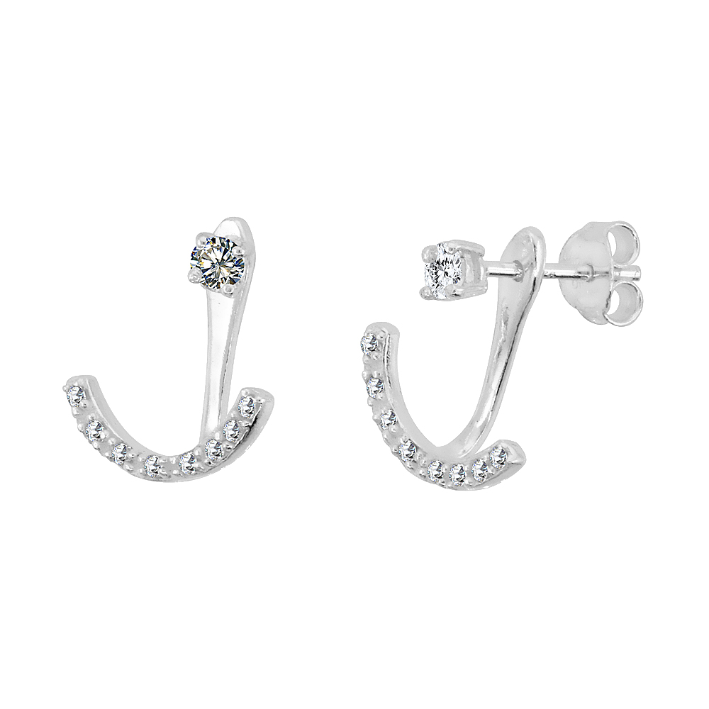 STERLING SILVER CUBIC ZIRCONIA DETACHABLE 2 PC. STUD EARRINGS & CRESCENT EAR JACKET SET