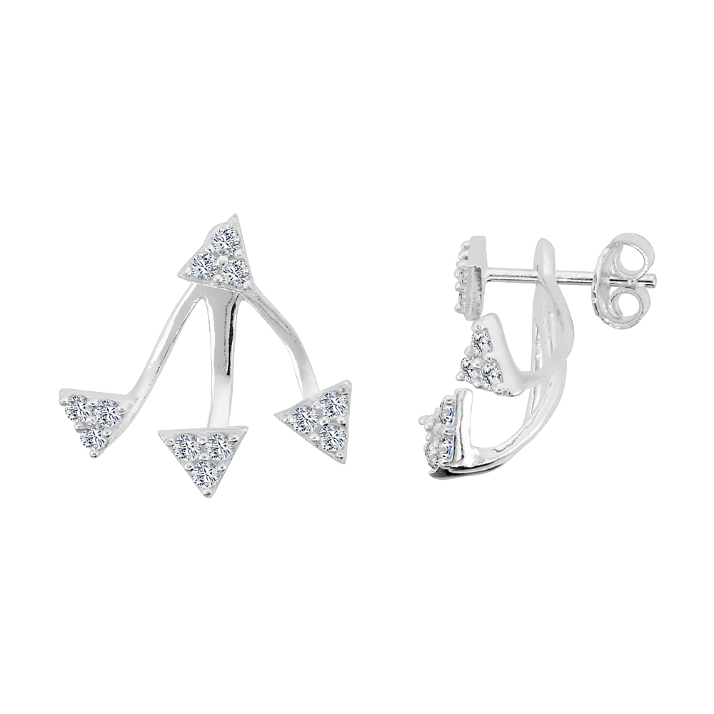 STERLING SILVER CUBIC ZIRCONIA DETACHABLE 2 PC. TRIANGLE EARRINGS & EAR JACKET SET