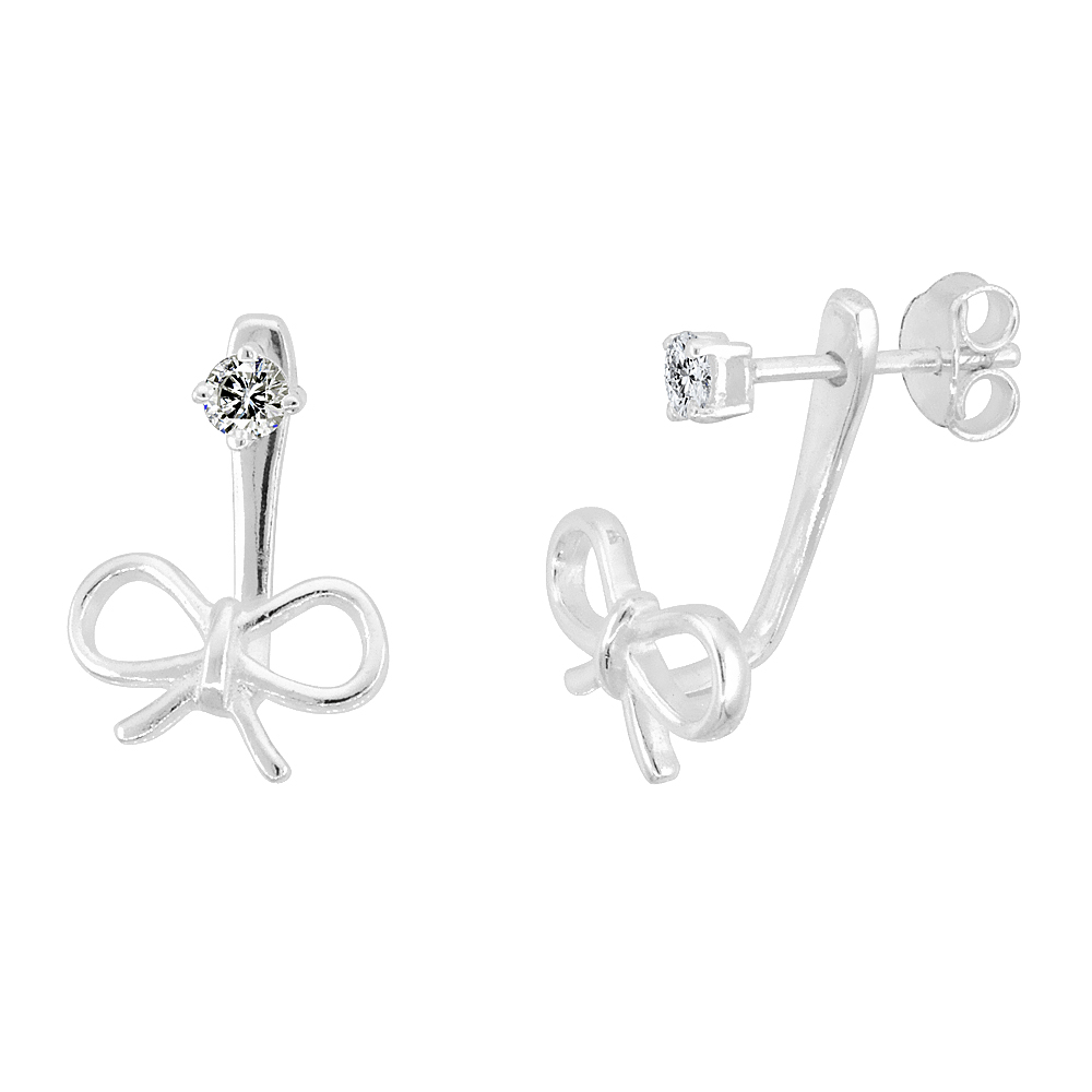 STERLING SILVER CUBIC ZIRCONIA DETACHABLE 2 PC. RIBBON EARRINGS & EAR JACKET SET