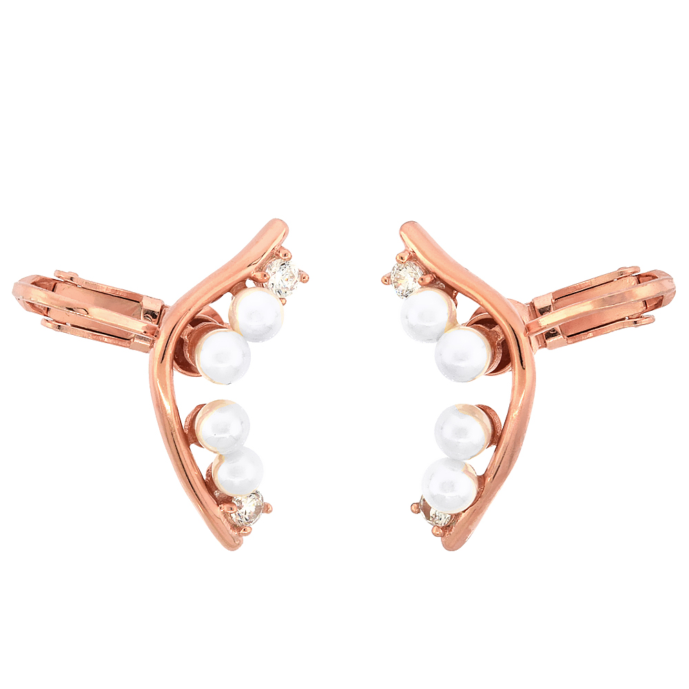 ROSE GOLD PLATED STERLING SILVER FAUX PEARL & CUBIC ZIRCONIA EAR JACKET CLIP ON EARRINGS FOR WOMEN