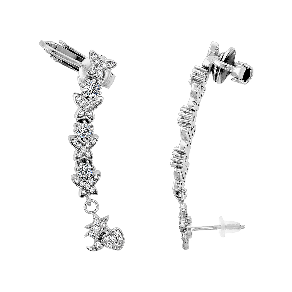 STERLING SILVER CUBIC ZIRCONIA STAR STUD & EAR JACKET CLIP ON EARRINGS 1 3/16 INCHES LONG