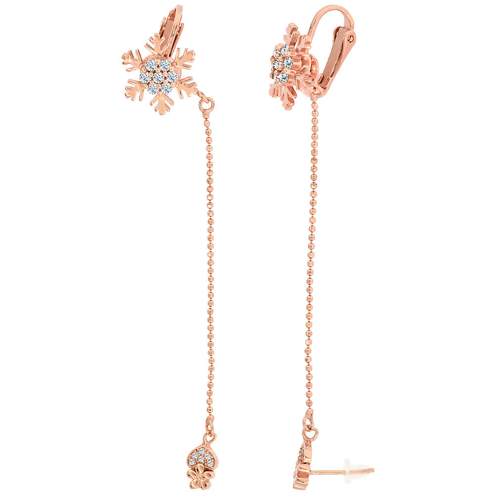 Sterling Silver CZ Heart Stud & Snowflake Clip On Earrings & Ball Chain, Rose Gold Finish