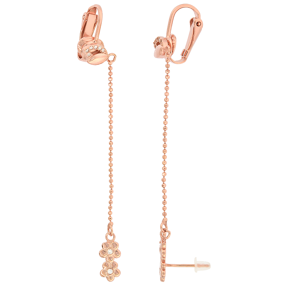 Sterling Silver Cubic Zirconia Flower Stud & Clip On Earrings & Ball Chain, Rose Gold Finish