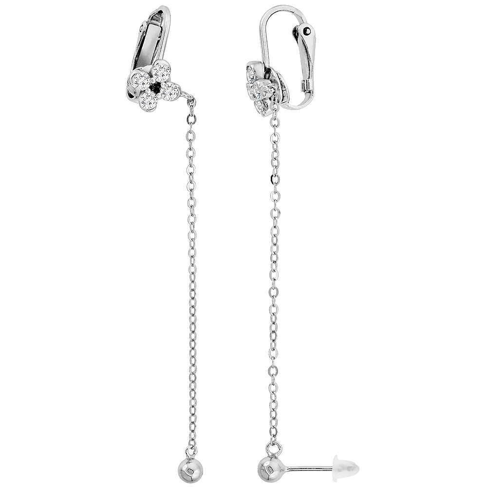 STERLING SILVER CUBIC ZIRCONIA BALL STUD & FLOWER CLIP ON EARRINGS & CABLE CHAIN