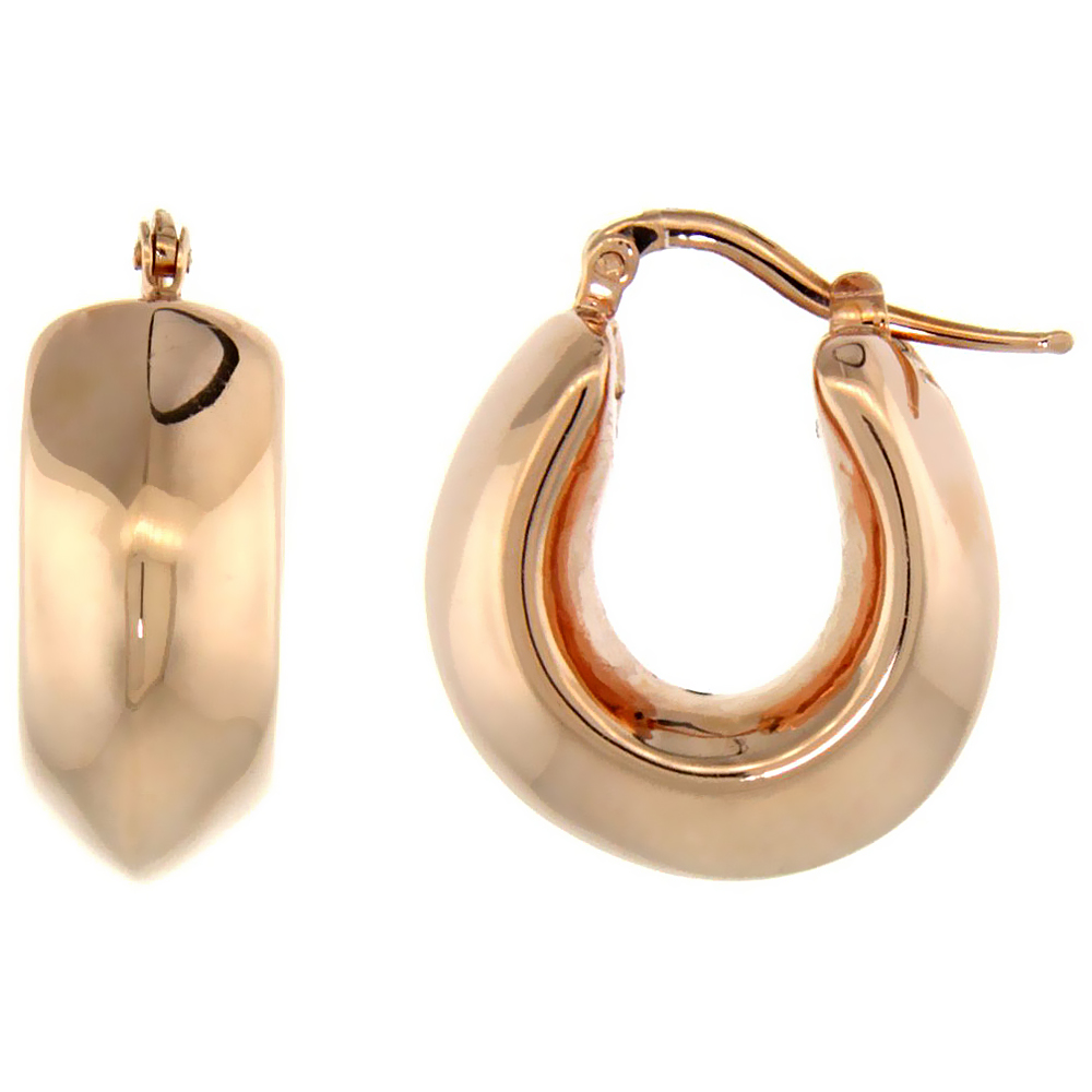 Sterling Silver Italian Puffy Hoop Earrings U-shaped with Rose Gold Finish, 3/4 inch wide