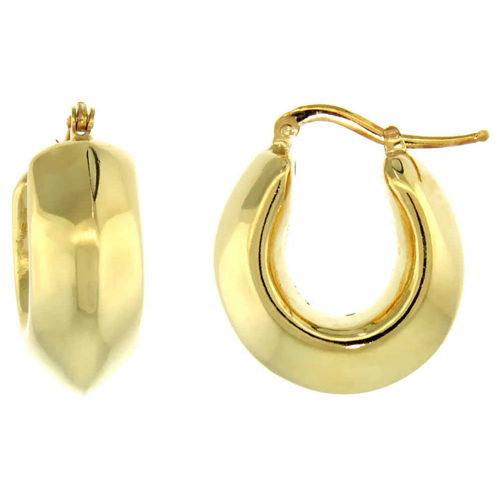Sterling Silver Italian Puffy Hoop Earrings U-shaped with Yellow Gold Finish, 3/4 inch wide