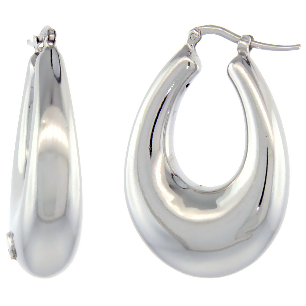 Sterling Silver Italian Puffy Hoop Earrings U-shaped with White Gold Finish, 1 5/16 inch wide