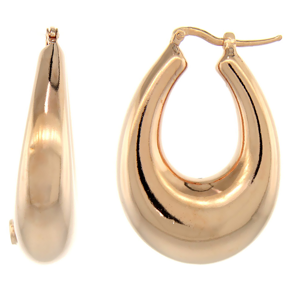 Sterling Silver Italian Puffy Hoop Earrings U-shaped with Rose Gold Finish, 1 5/16 inch wide