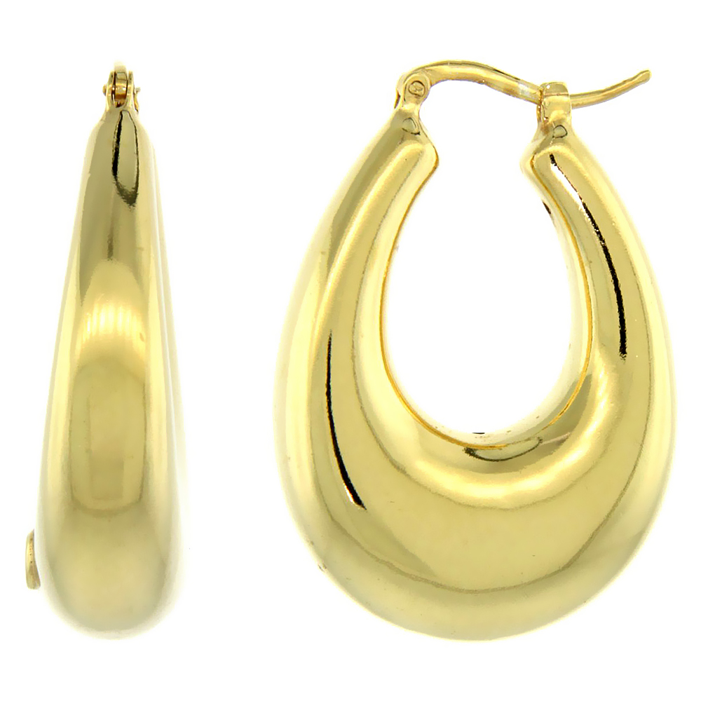 Sterling Silver Italian Puffy Hoop Earrings U-shaped with Yellow Gold Finish, 1 5/16 inch wide