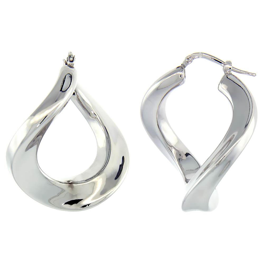 Sterling Silver Twisted Design Italian Puffy Hoop Earrings with White Gold Finish, 1 5/16 inch wide