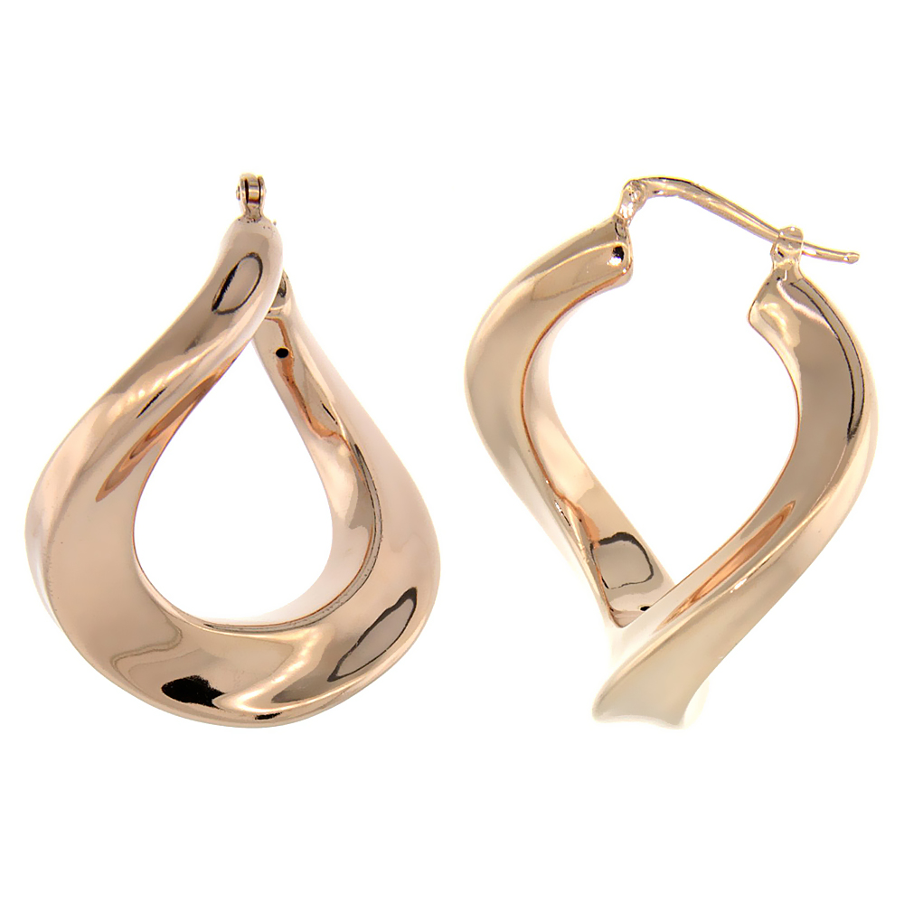 Sterling Silver Twisted Design Italian Puffy Hoop Earrings with Rose Gold Finish, 1 5/16 inch wide