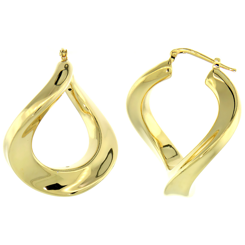 Sterling Silver Twisted Design Italian Puffy Hoop Earrings with Yellow Gold Finish, 1 5/16 inch wide