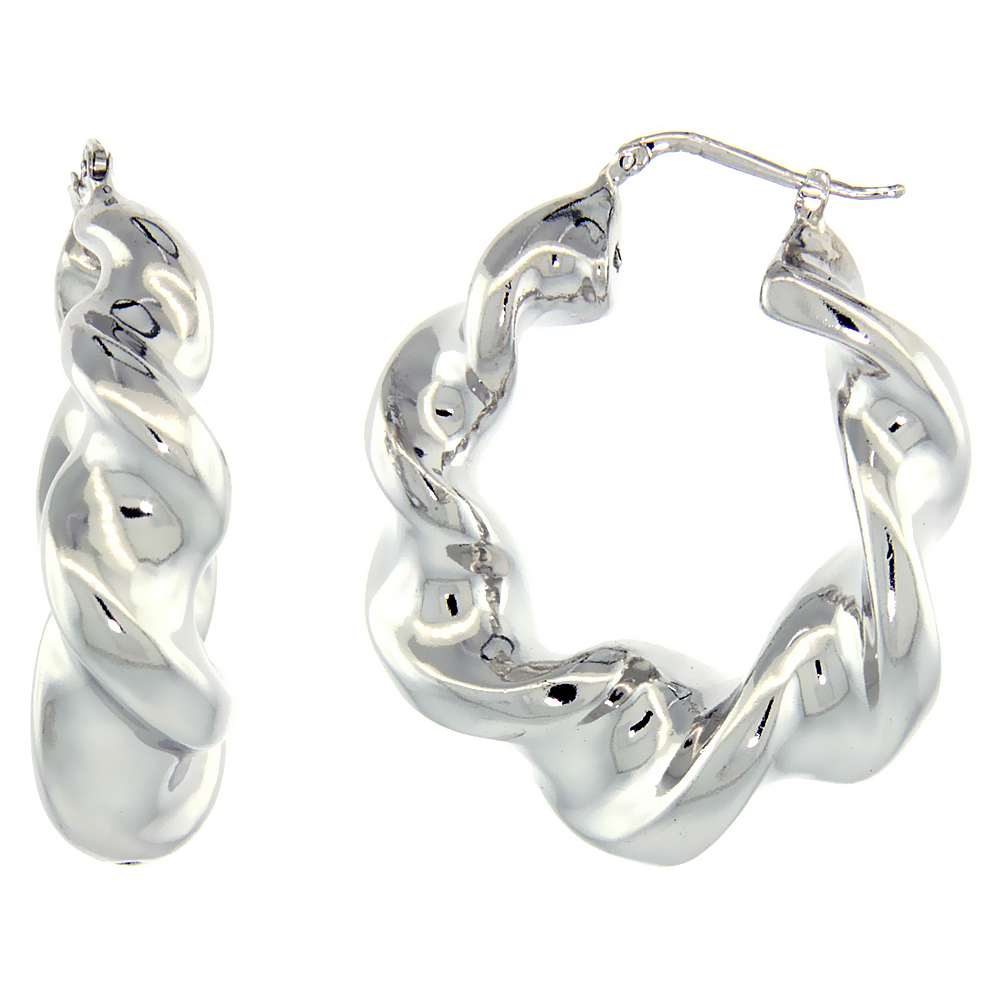 Sterling Silver Italian Puffy Hoop Earrings Twisted Design w/ White Gold Finish, 1 9/16 inch wide