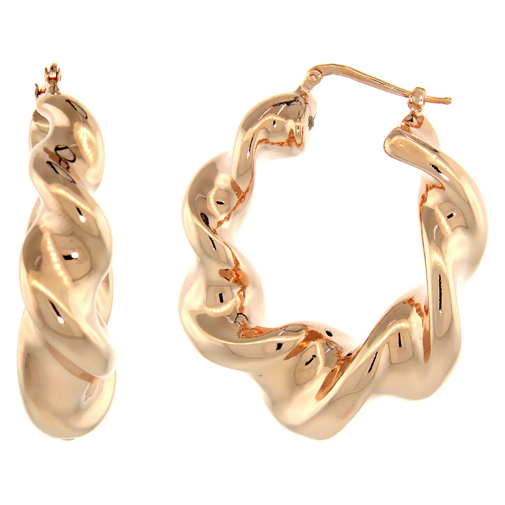 STERLING SILVER ITALIAN PUFFY HOOP EARRINGS TWISTED DESIGN W/ ROSE GOLD FINISH, 1 9/16 INCH WIDE