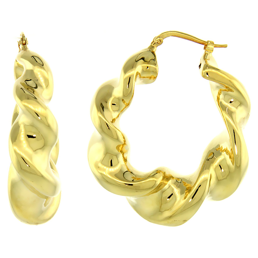 Sterling Silver Italian Puffy Hoop Earrings Twisted Design w/ Yellow Gold Finish, 1 9/16 inch wide