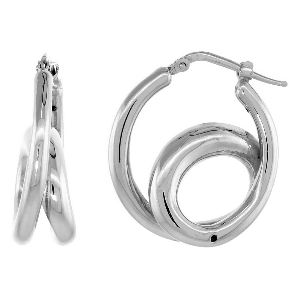 Sterling Silver Italian Puffy Hoop Earrings Double Loop Design w/ White Gold Finish, 1 1/16 inch wide