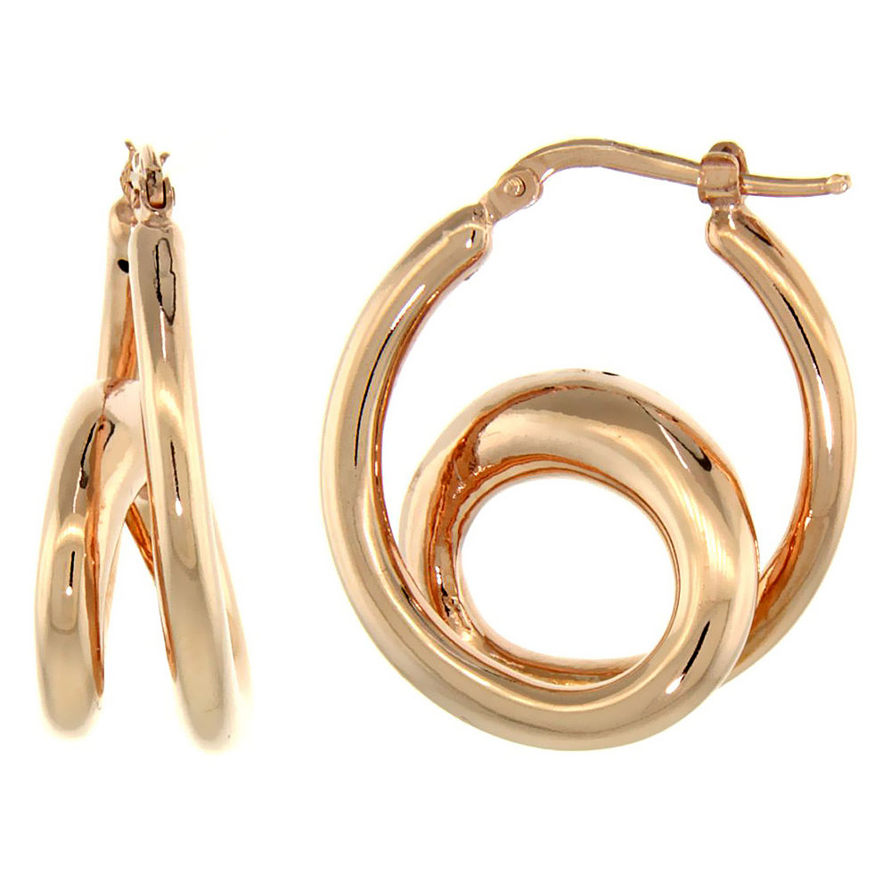 Sterling Silver Italian Puffy Hoop Earrings Double Loop Design w/ Rose Gold Finish, 1 1/16 inch wide