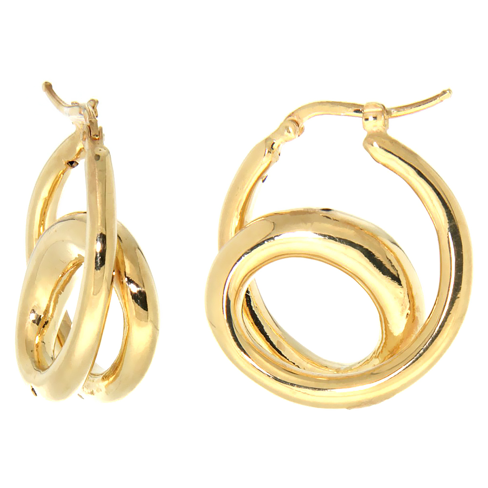 Sterling Silver Italian Puffy Hoop Earrings Double Loop Design w/ yellow Gold Finish, 1 1/16 inch wide