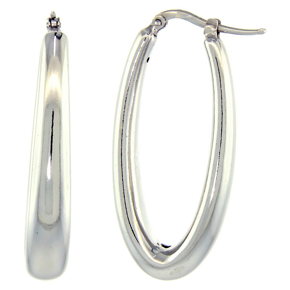Sterling Silver Italian Puffy Hoop Earrings Plain Oval Shape Design w/ White Gold Finish, 1 3/8 inch wide