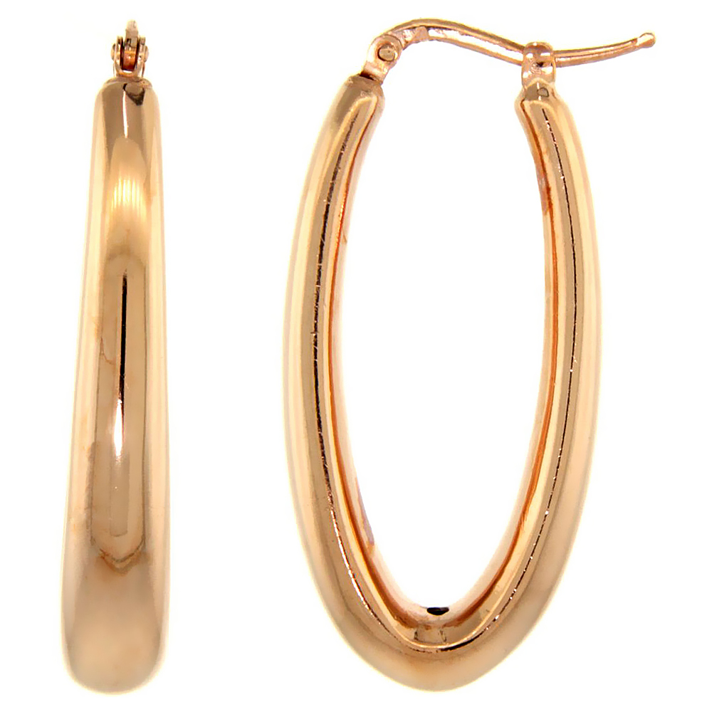 Sterling Silver Italian Puffy Hoop Earrings Plain Oval Shape Design w/ Rose Gold Finish, 1 3/8 inch wide