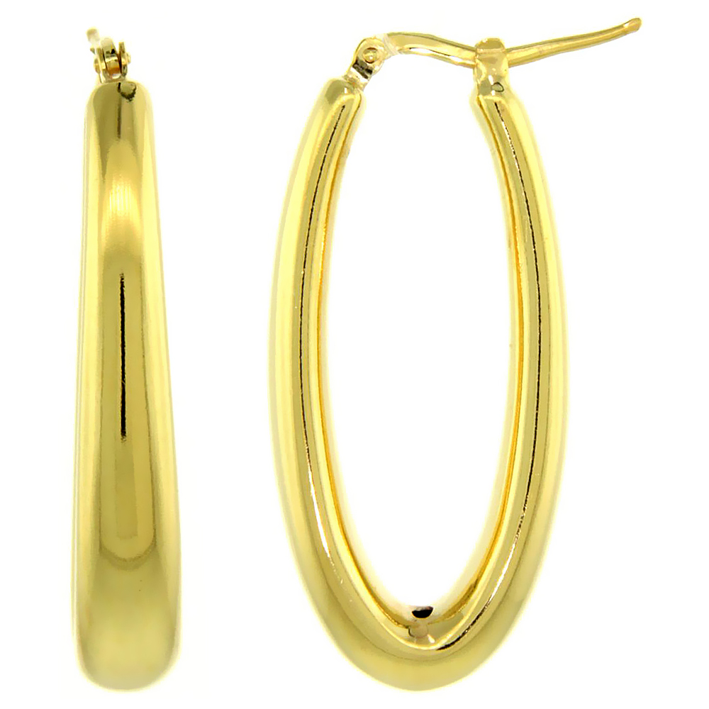 Sterling Silver Italian Puffy Hoop Earrings Plain Oval Shape Design w/ Yellow Gold Finish, 1 3/8 inch wide