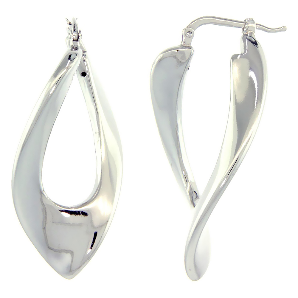 Sterling Silver Italian Puffy Hoop Earrings Twisted V Shape Design w/ White Gold Finish, 1 7/16 inch wide