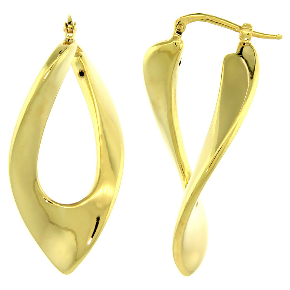 Sterling Silver Italian Puffy Hoop Earrings Twisted V Shape Design w/ Yellow Gold Finish, 1 7/16 inch wide