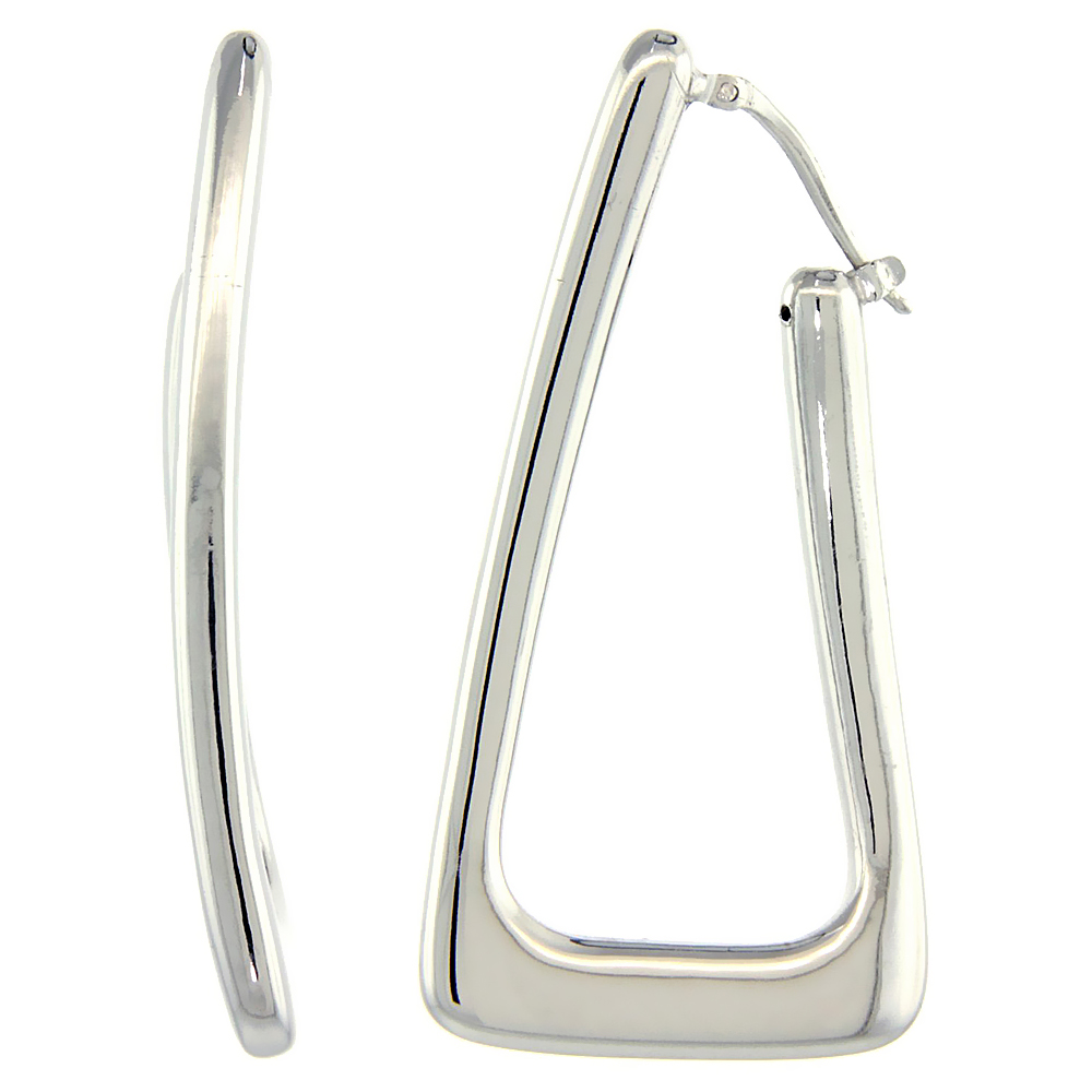 Sterling Silver Italian Puffy Hoop Earrings Bent Triangle Shape Design w/ White Gold Finish, 2 1/8 inch wide