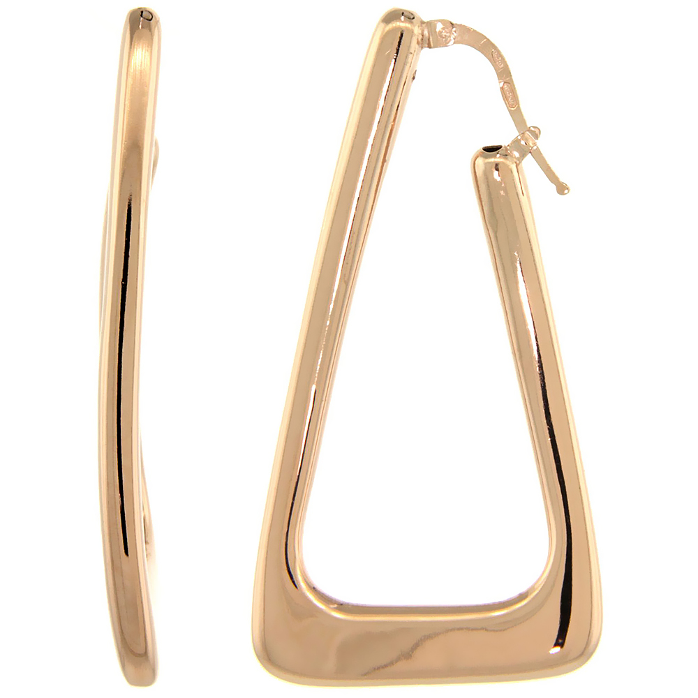 Sterling Silver Italian Puffy Hoop Earrings Bent Triangle Shape Design w/ Rose Gold Finish, 2 1/8 inch wide