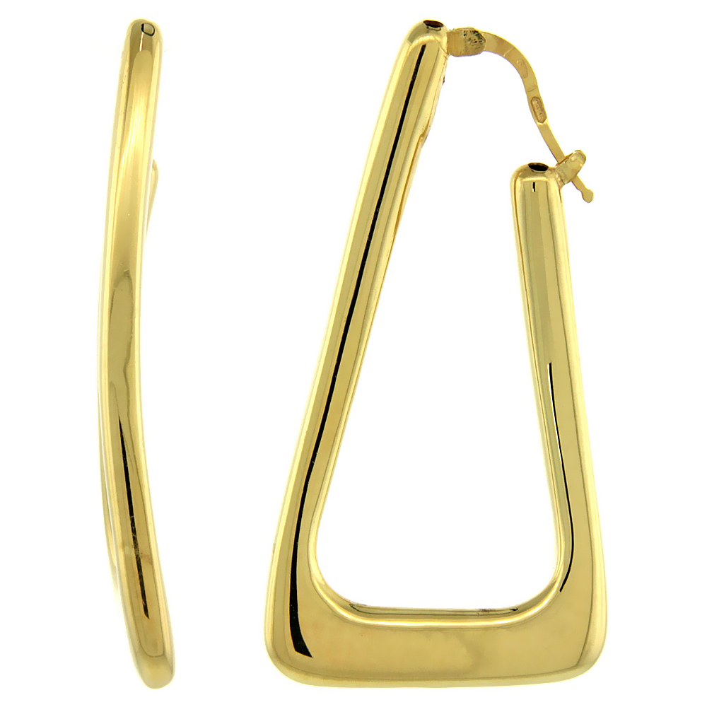Sterling Silver Italian Puffy Hoop Earrings Bent Triangle Shape Design w/ Yellow Gold Finish, 2 1/8 inch wide