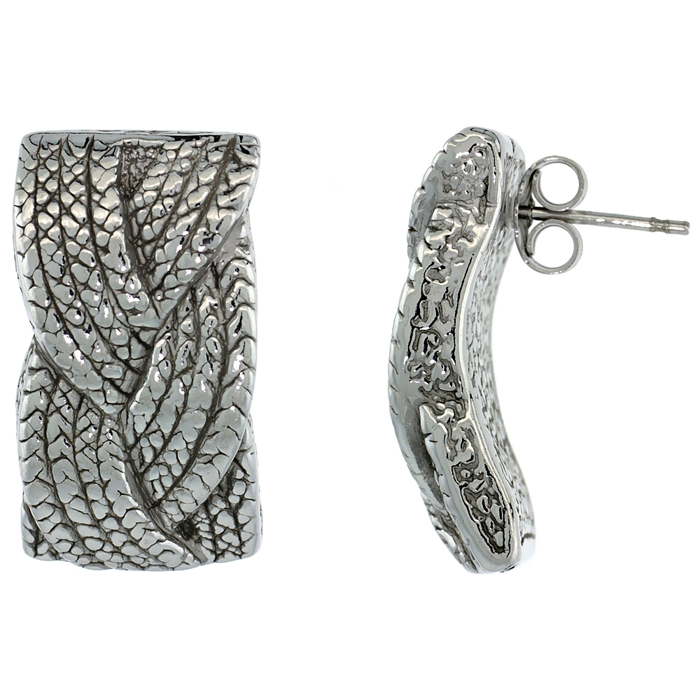 Sterling Silver Italian Puffy Post Earrings French Rope Braid Design w/ White Gold Finish, 1 inch wide