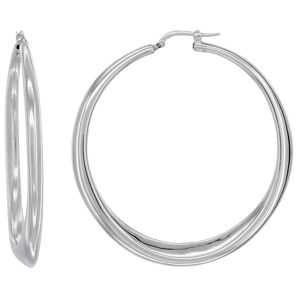 Sterling Silver Italian Large Puffy Hoop Earrings White Gold Finish, 2 1/4 inch round