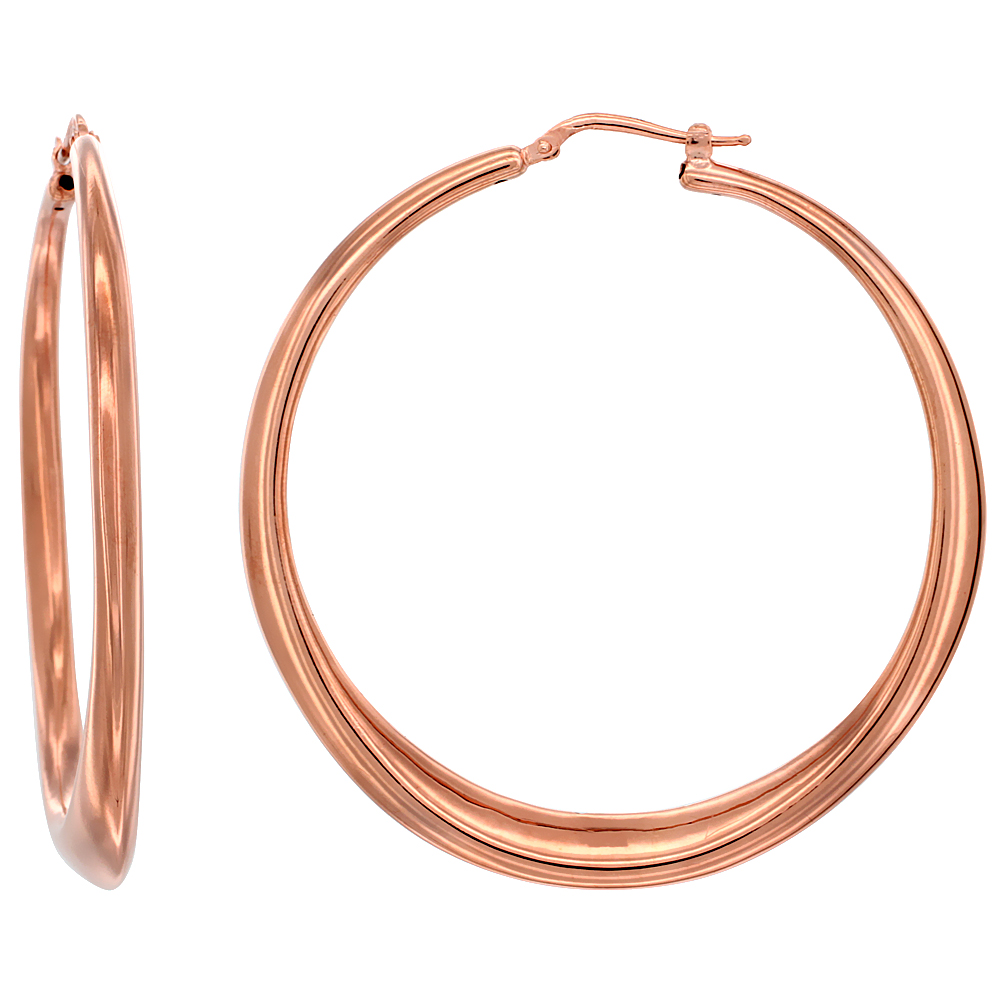 Sterling Silver Italian Large Puffy Hoop Earrings Rose Gold Finish, 2 1/4 inch round