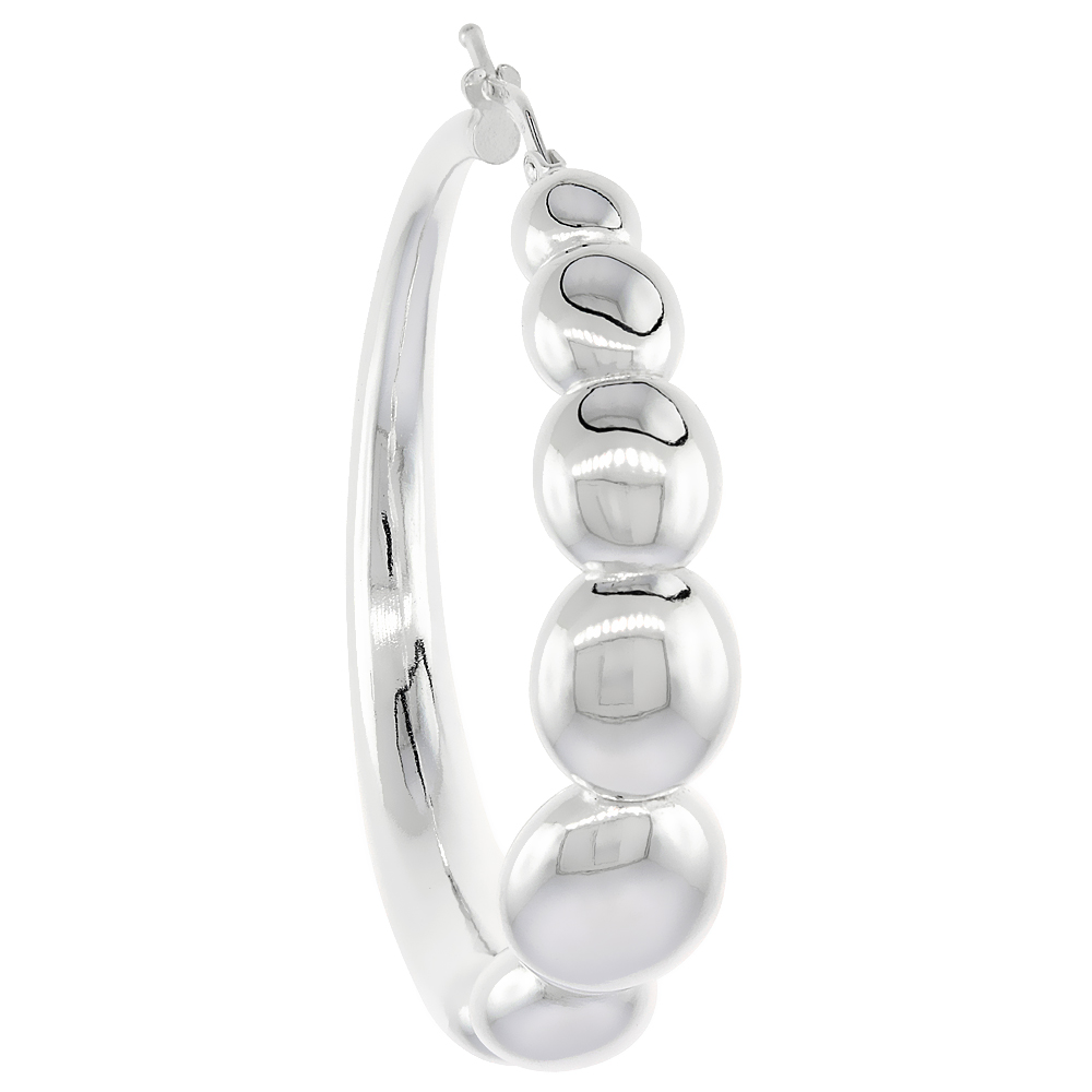STERLING SILVER ITALIAN HOLLOW HOOP EARRINGS GRADUATED BEAD, 1 13/16 INCH ROUND