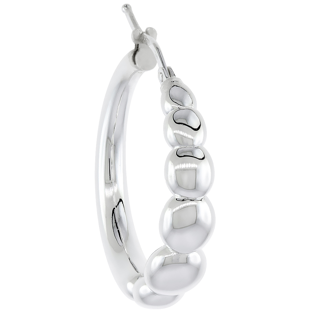 Sterling Silver Italian Hollow Hoop Earrings Graduated Bead, 1 1/8 inch round